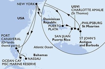 USA, Bahamy, Dominikánska republika, Svatý Martin, Antigua a Barbuda z New Yorku na lodi MSC Meraviglia
