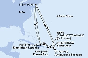 USA, Dominikánska republika, Svatý Martin, Antigua a Barbuda z New Yorku na lodi MSC Meraviglia