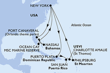 USA, Dominikánska republika, Svatý Martin, Bahamy z New Yorku na lodi MSC Meraviglia