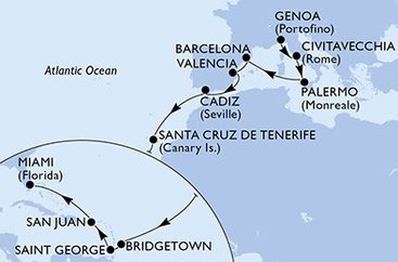 Taliansko, Španielsko, Barbados, Grenada, USA z Janova na lodi MSC Seaside