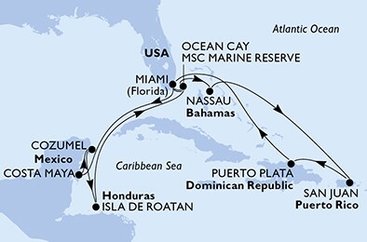 USA, Mexiko, Honduras, Bahamy, Dominikánska republika z Miami na lodi MSC Seaside
