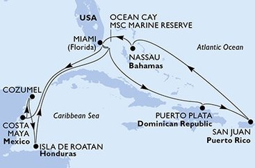 USA, Bahamy, Dominikánska republika, Mexiko, Honduras z Miami na lodi MSC Seaside