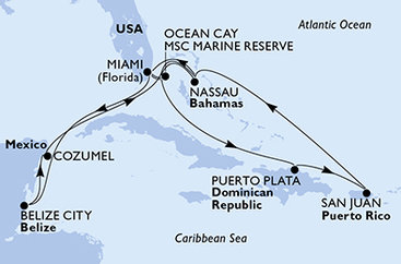 USA, Belize, Mexiko, Bahamy, Dominikánska republika z Miami na lodi MSC Seaside