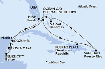 USA, Bahamy, Mexiko, Belize, Dominikánska republika z Miami na lodi MSC Seaside