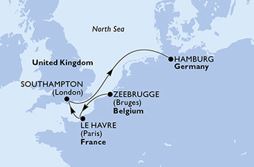 Belgicko, Francúzsko, Veľká Británia, Nemecko zo Zeebrugge na lodi MSC Preziosa