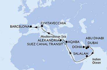Spojené arabské emiráty, Katar, Omán, Jordánsko, Egypt, Taliansko, Španielsko z Dubaja na lodi MSC Euribia