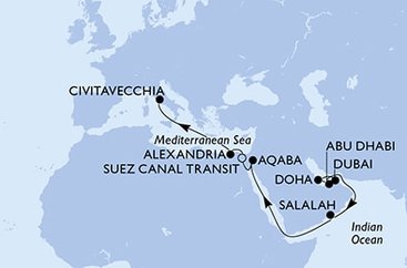 Spojené arabské emiráty, Katar, Omán, Jordánsko, Egypt, Taliansko z Dubaja na lodi MSC Euribia