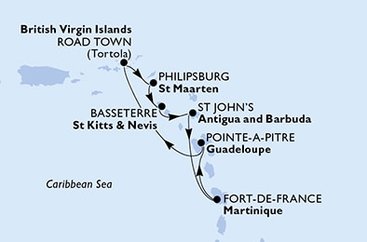 Martinik, Guadeloupe, Britské Panenské ostrovy, Svatý Martin, Svätý Krištof a Nevis, Antigua a Barbuda z Fort de France, Martinik na lodi MSC Virtuosa