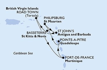 Martinik, Guadeloupe, Svatý Martin, Antigua a Barbuda, Svätý Krištof a Nevis, Britské Panenské ostrovy z Fort de France, Martinik na lodi MSC Virtuosa