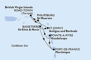 Martinik, Guadeloupe, Svatý Martin, Britské Panenské ostrovy, Antigua a Barbuda, Svätý Krištof a Nevis z Fort de France, Martinik na lodi MSC Virtuosa