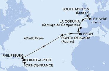 Martinik, Guadeloupe, Svatý Martin, Portugalsko, Španielsko, Francúzsko, Veľká Británia z Fort de France, Martinik na lodi MSC Virtuosa