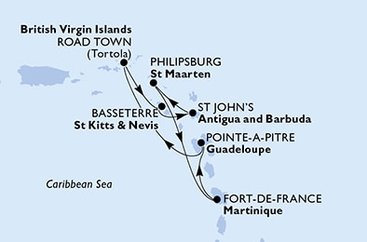 Martinik, Guadeloupe, Britské Panenské ostrovy, Svätý Krištof a Nevis, Antigua a Barbuda, Svatý Martin z Fort de France, Martinik na lodi MSC Virtuosa