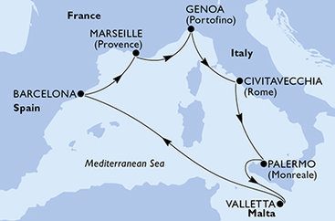 Španielsko, Francúzsko, Taliansko, Malta z Barcelony na lodi MSC World Europa