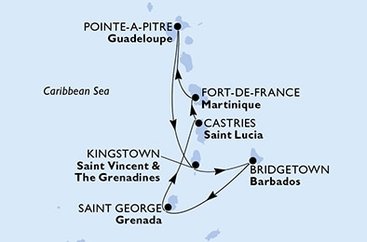 Guadeloupe, Svätý Vincent a Grenadiny, Barbados, Grenada, Svätá Lucia, Martinik z Pointe-à-Pitre na lodi MSC Virtuosa