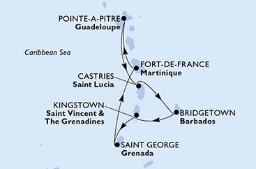 Guadeloupe, Svätá Lucia, Barbados, Svätý Vincent a Grenadiny, Grenada, Martinik z Pointe-à-Pitre na lodi MSC Virtuosa