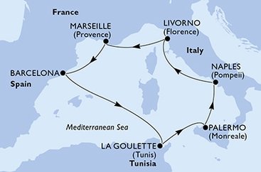 Španielsko, Tunisko, Taliansko, Francúzsko z Barcelony na lodi MSC Seaside