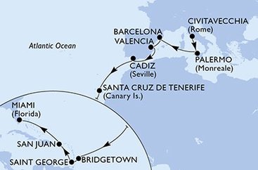 Taliansko, Španielsko, Barbados, Grenada, USA z Civitavechie na lodi MSC Seaside