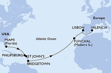 USA, Svatý Martin, Antigua a Barbuda, Barbados, Portugalsko, Španielsko z Miami na lodi MSC Seaside