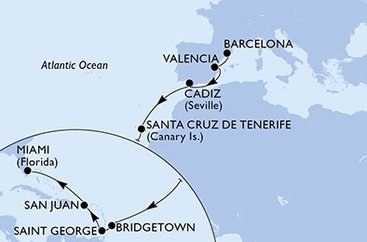 Španielsko, Barbados, Grenada, USA z Barcelony na lodi MSC Seaside