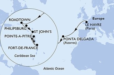 Francúzsko, Portugalsko, Britské Panenské ostrovy, Svatý Martin, Antigua a Barbuda, Martinik, Guadeloupe z Le Havre na lodi MSC Virtuosa