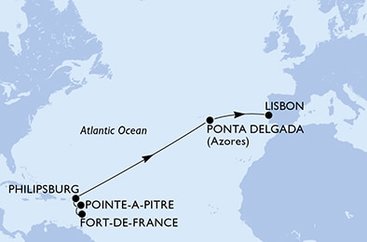 Martinik, Guadeloupe, Svatý Martin, Portugalsko z Fort de France, Martinik na lodi MSC Virtuosa