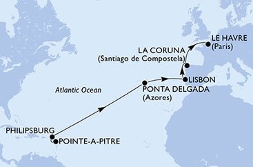Guadeloupe, Svatý Martin, Portugalsko, Španielsko, Francúzsko z Pointe-à-Pitre na lodi MSC Virtuosa