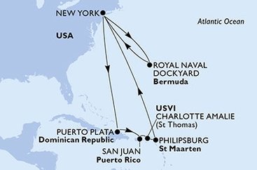 USA, Dominikánska republika, Svatý Martin, Bermudy z New Yorku na lodi MSC Meraviglia