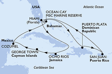 USA, Dominikánska republika, Bahamy, Jamajka, Kajmanské ostrovy, Mexiko z Miami na lodi MSC Seascape
