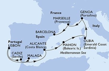 Španielsko, Portugalsko, Taliansko, Francúzsko z Málagy na lodi MSC Orchestra