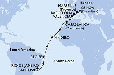 Brazília, Kapverdy, Maroko, Španielsko, Francúzsko, Taliansko z Rio de Janeira na lodi MSC Orchestra