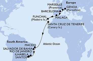 Taliansko, Francúzsko, Španielsko, Portugalsko, Brazília z Janova na lodi MSC Grandiosa