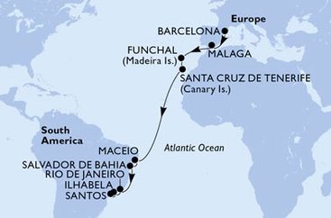Španielsko, Portugalsko, Brazília z Barcelony na lodi MSC Grandiosa