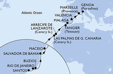 Brazília, Španielsko, Maroko, Francúzsko, Taliansko zo Santosu na lodi MSC Grandiosa
