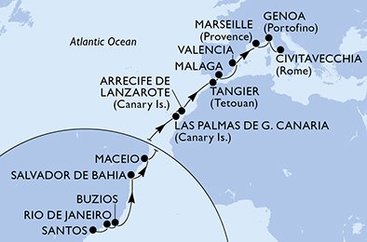 Brazília, Španielsko, Maroko, Francúzsko, Taliansko zo Santosu na lodi MSC Grandiosa