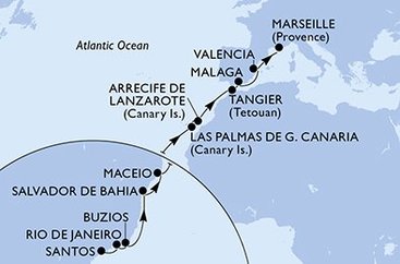 Brazília, Španielsko, Maroko, Francúzsko zo Santosu na lodi MSC Grandiosa