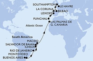 Argentína, Uruguaj, Brazília, Španielsko, Portugalsko, Veľká Británia, Francúzsko z Buenos Aires na lodi MSC Poesia