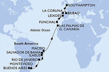 Argentína, Uruguaj, Brazília, Španielsko, Portugalsko, Veľká Británia z Buenos Aires na lodi MSC Poesia
