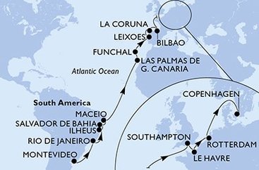 Uruguaj, Brazília, Španielsko, Portugalsko, Veľká Británia, Francúzsko, Holandsko, Dánsko z Montevidea na lodi MSC Poesia