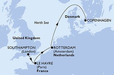 Veľká Británia, Francúzsko, Holandsko, Dánsko zo Southamptonu na lodi MSC Poesia