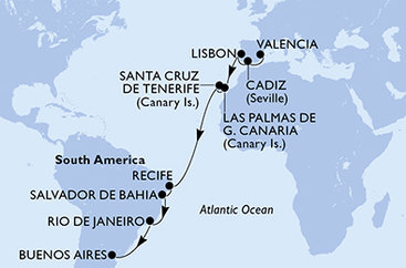 Španielsko, Portugalsko, Brazília, Argentína z Valencie na lodi MSC Poesia
