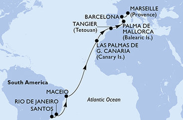 Brazília, Španielsko, Francúzsko zo Santosu na lodi MSC Seaview