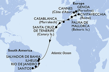 Francúzsko, Taliansko, Španielsko, Maroko, Brazília z Cannes na lodi MSC Seaview