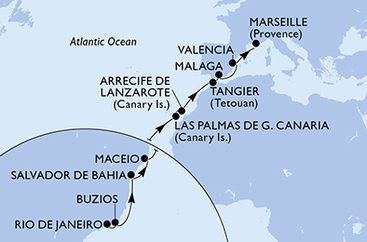 Brazília, Španielsko, Maroko, Francúzsko z Rio de Janeira na lodi MSC Grandiosa