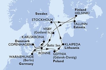 Nemecko, Poľsko, Litva, Švédsko, Estónsko, Fínsko, Dánsko z Warnemünde na lodi MSC Poesia