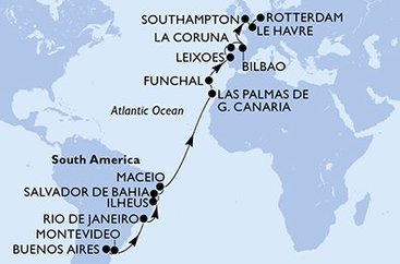 Argentína, Uruguaj, Brazília, Španielsko, Portugalsko, Veľká Británia, Francúzsko, Holandsko z Buenos Aires na lodi MSC Poesia