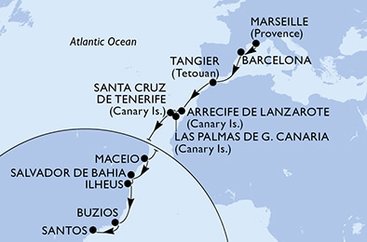 Francúzsko, Španielsko, Maroko, Brazília z Marseille na lodi MSC Orchestra