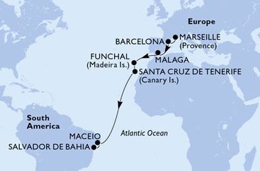Francúzsko, Španielsko, Portugalsko, Brazília z Marseille na lodi MSC Grandiosa