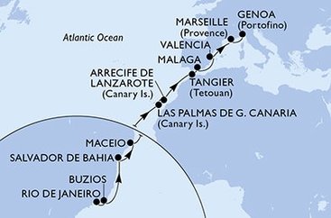 Brazília, Španielsko, Maroko, Francúzsko, Taliansko z Rio de Janeira na lodi MSC Grandiosa