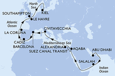 Spojené arabské emiráty, Omán, Jordánsko, Egypt, Taliansko, Španielsko, Francúzsko, Veľká Británia, Nemecko z Abu Dhabi na lodi MSC Euribia