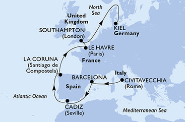 Taliansko, Španielsko, Francúzsko, Veľká Británia, Nemecko z Civitavechie na lodi MSC Euribia